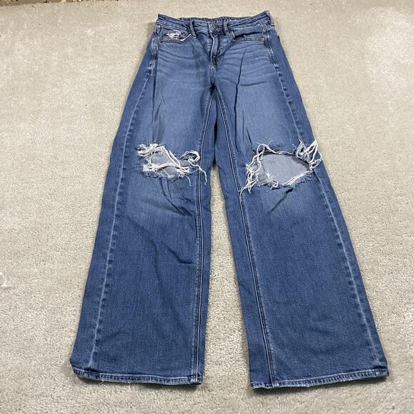 American Eagle Outfitters Denim - American Eagle Jeans Womens 2 Blue Stretch Wide Leg Distressed Ripped Knees
